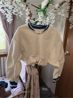 BDG Cream Sherpa Cropped Sweater with Blue Trim